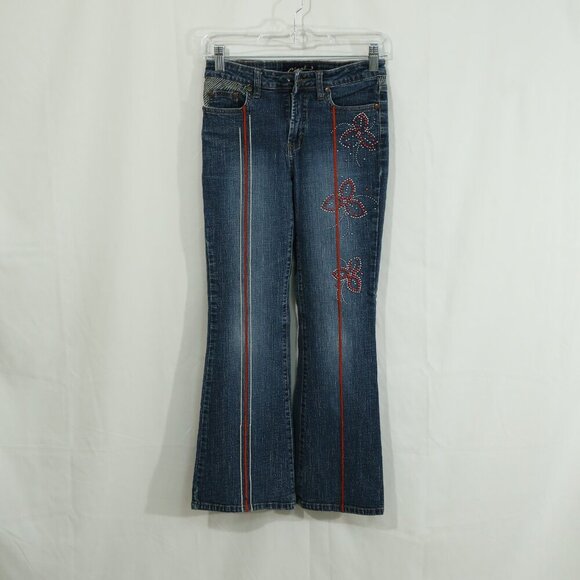 Y2K Clash Jeans USA Kids 12 Butterfly Embroidered Flare Jeans 26x26 Red Stripe - Picture 2 of 12